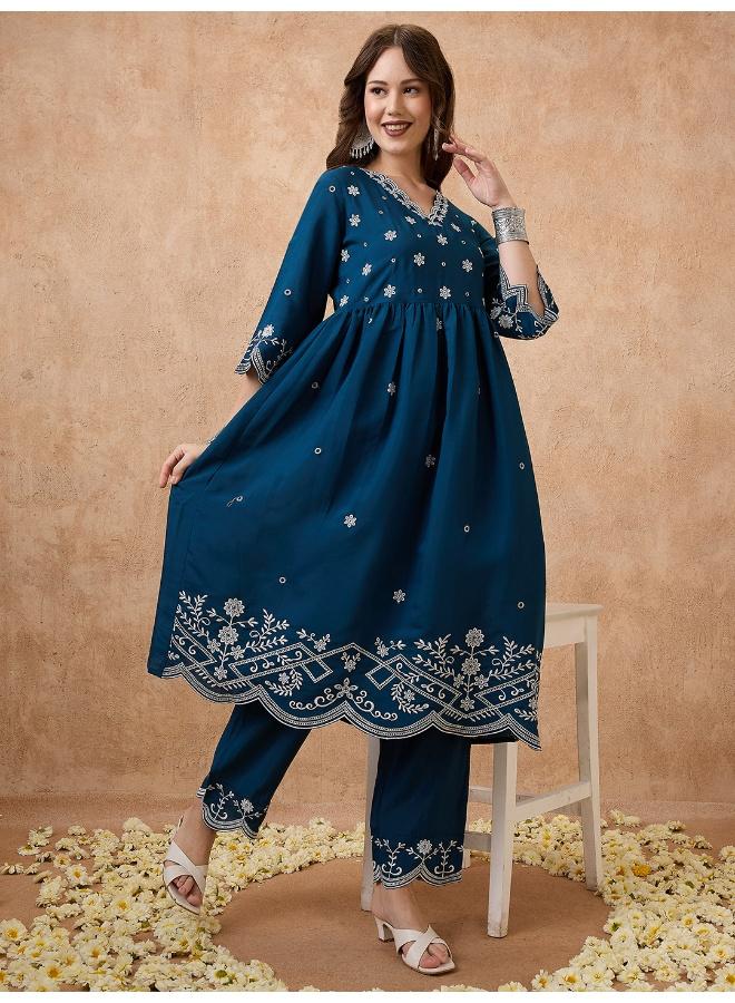 Globus Women Floral Embroidered Work V-Neck Scalloped Hem A-Line Kurta With Pants Festive Set - Image 1